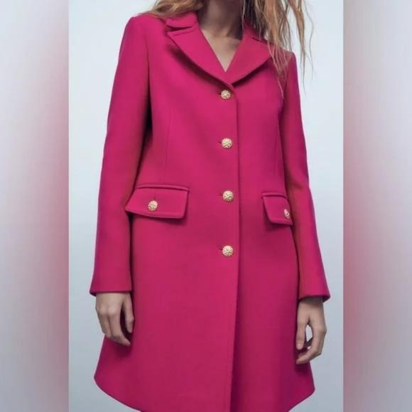 ZARA LIMITED EDITION FUCHSIA WOOL COAT GOLD BUTTONS - Picture 4 of 8